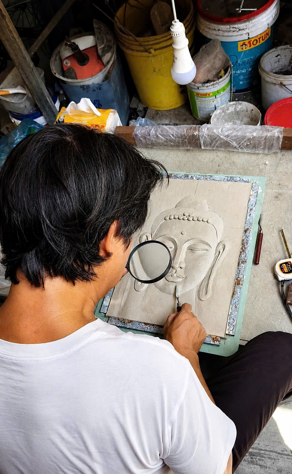 Sculpting the details of a Buddha wall relief by hand